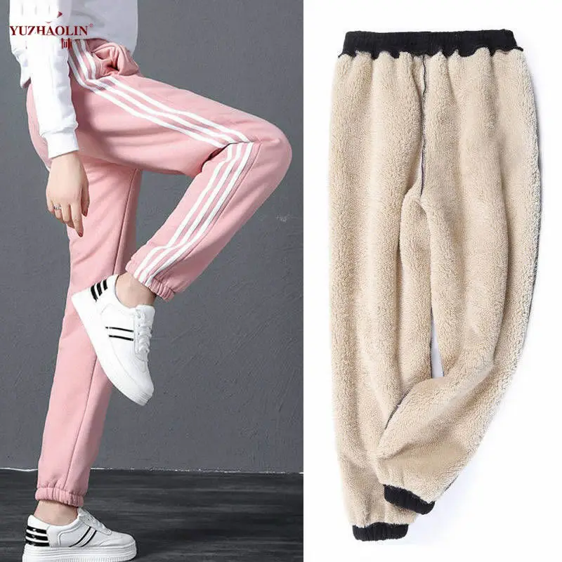 pink stripe Velvet Зимние кашемировые шаровары, теплые женские штаны, повседневные брюки, женские бархатные толстые кашемировые Свободные штаны из овчины, женские спортивные штаны - Цвет: pink stripe Velvet