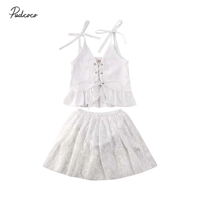 

2020 Baby Summer Clothing 1-6Y 2PCS Baby Girls Sleeveles Bandage T-shirt Vest+Lace Skirt 2Pcs Solid White Set Kids Dress Outfits