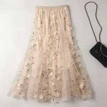 Женская 3D вышивка сетчатая юбка женская элегантная винтажная длинная юбка Феи эластичная талия трапециевидная Цветочная вышитая Женская юбка
