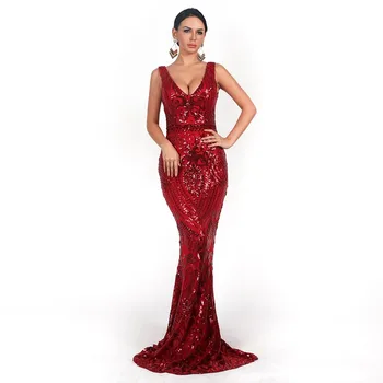 

Keatingberus 2020 Sexy Women V-Neck Long Sleeveless Sequin Dress Retro Geometry Backless Maxi Elegant Reflective Dress X006