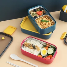 Tudo-em-um empilhável bento almoço caixa recipiente plástico trigo palha material recipiente de armazenamento de alimentos com tampa microondas louça