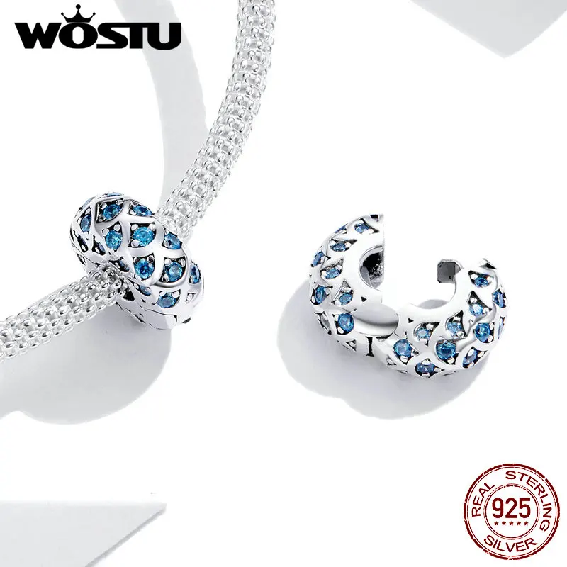 Wostu 925 Sterling Silver Charm&ampBead Jewelry Blue Clip Stopper Charm for Original Bracelet Making Fashion FIC1513 | Украшения и
