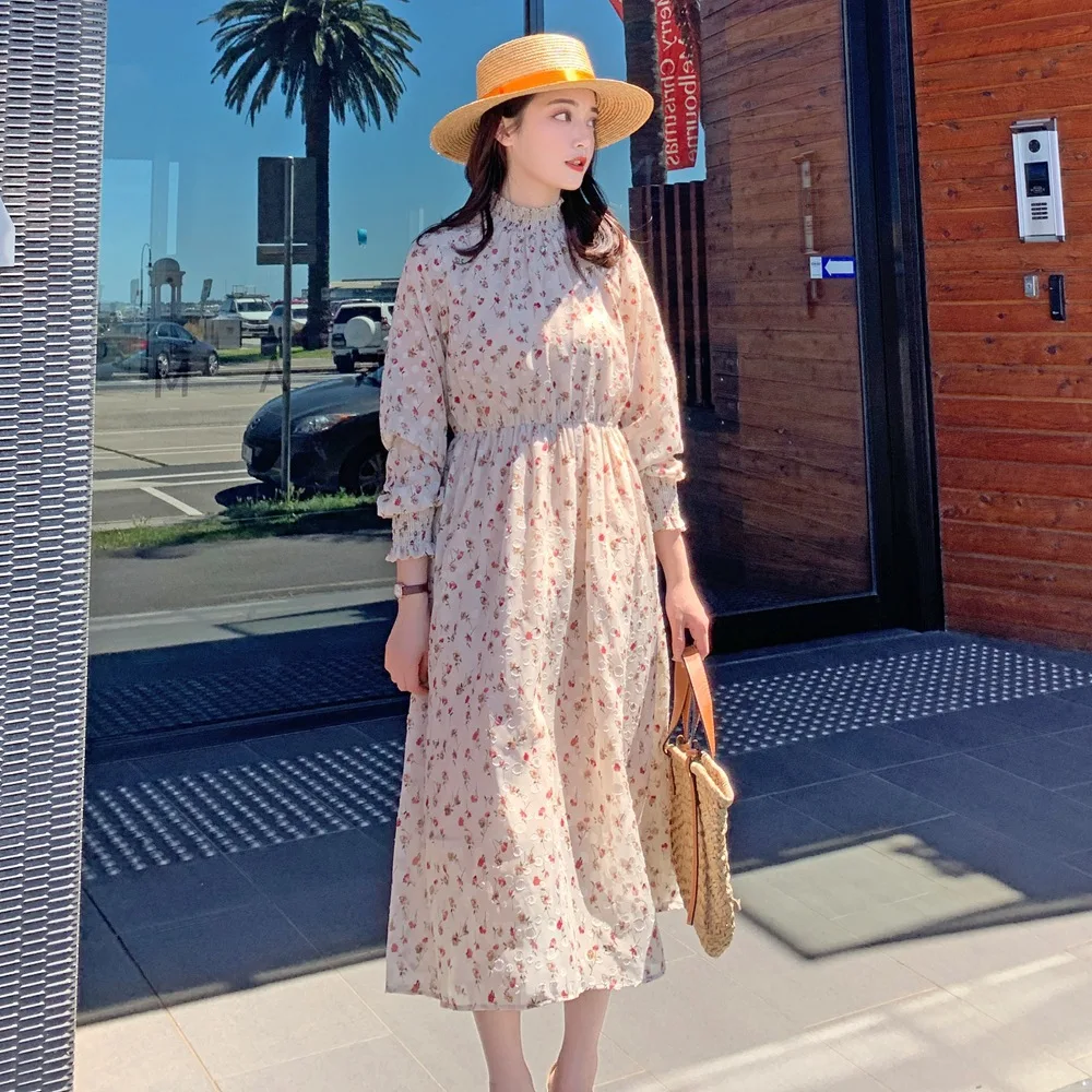 

Photo Shoot 2019 Spring New Style Korean-style WOMEN'S Wear Retro CHIC Sweet Mid-length Waist Hugging Chiffon Floral Dress