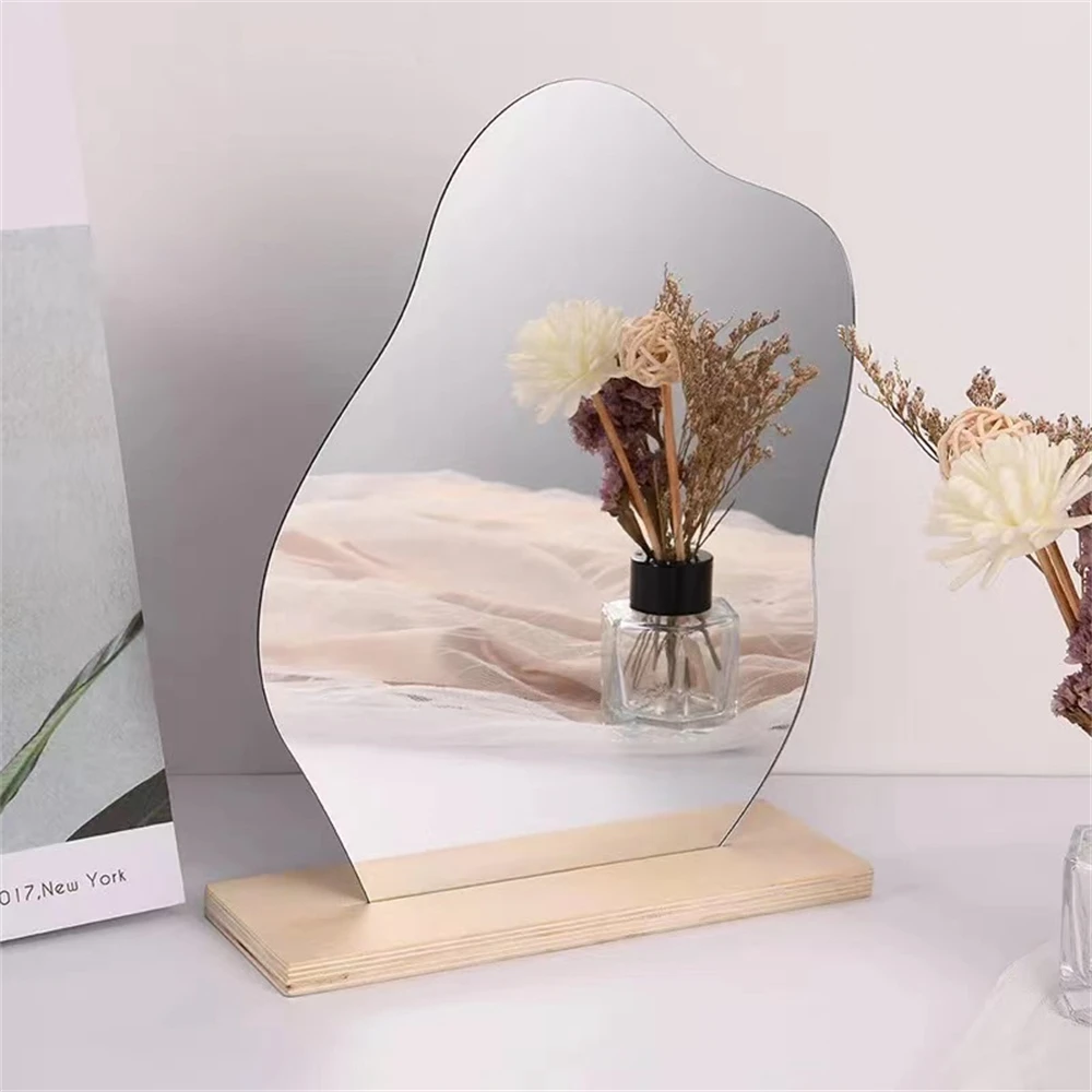 Ins Irregular Acrylic Makeup Mirror, Decorative Mirror, Wooden Base, Beauty Tools, Korean Style