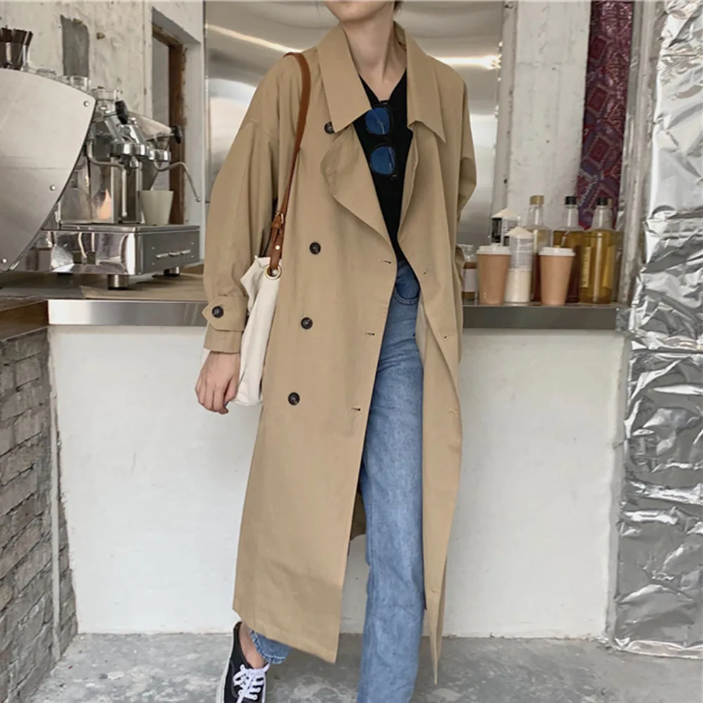 

Windbreaker Autumn Korean Coat Women Over The Knee Mid-Length Long Wild Double Breasted Long Sleeves Female Maxi Coat 2020 Hot