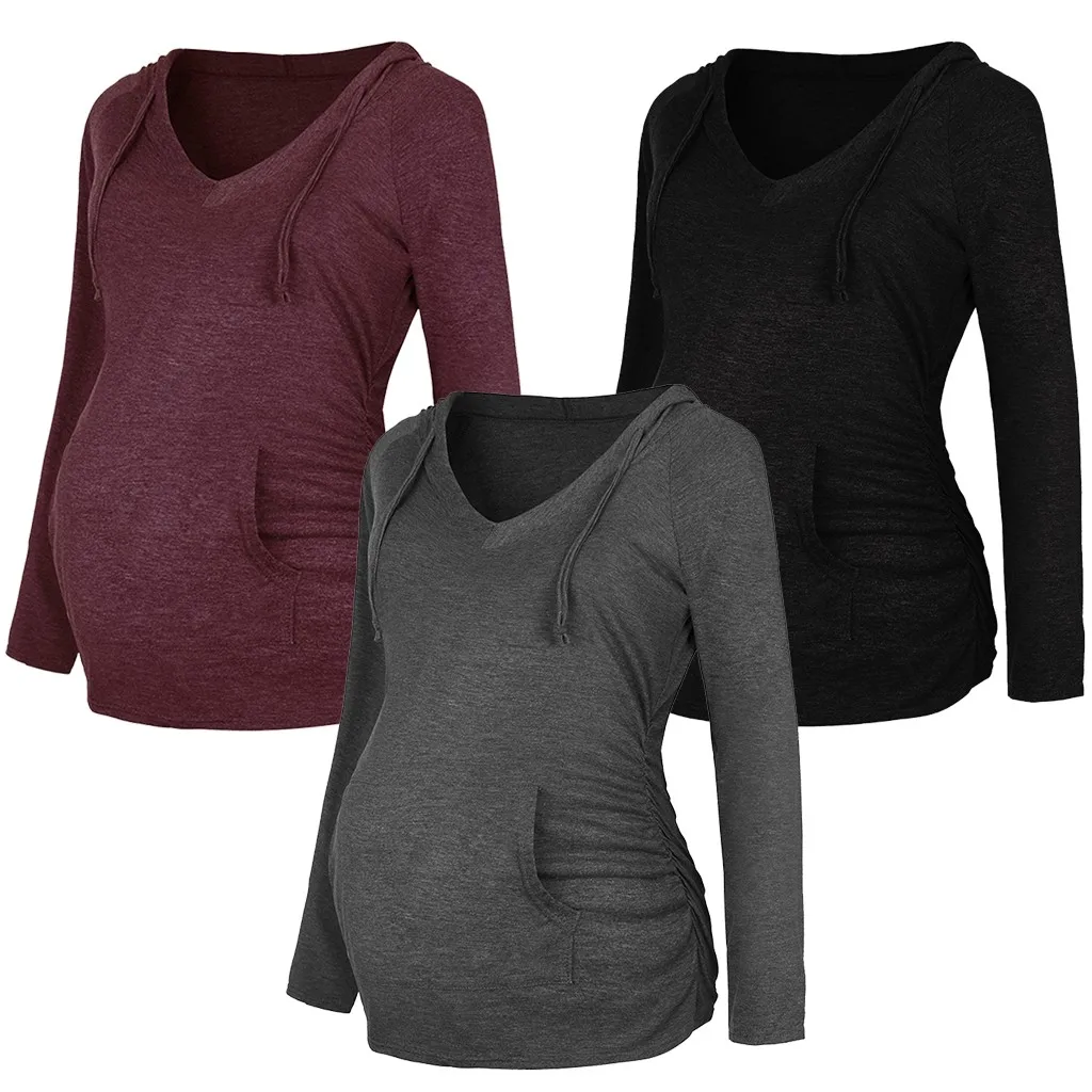 Women Maternity Casual Long Sleeve V neck Solid Hoodie Sweatshirts Top