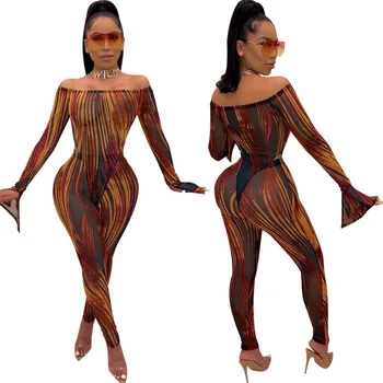 

Sexy See-Through Mesh 2 Piece Set Women Stripe Print Two Piece Party Set Off Shoulder butterfly Sleeve Bodysuit and Pants Set