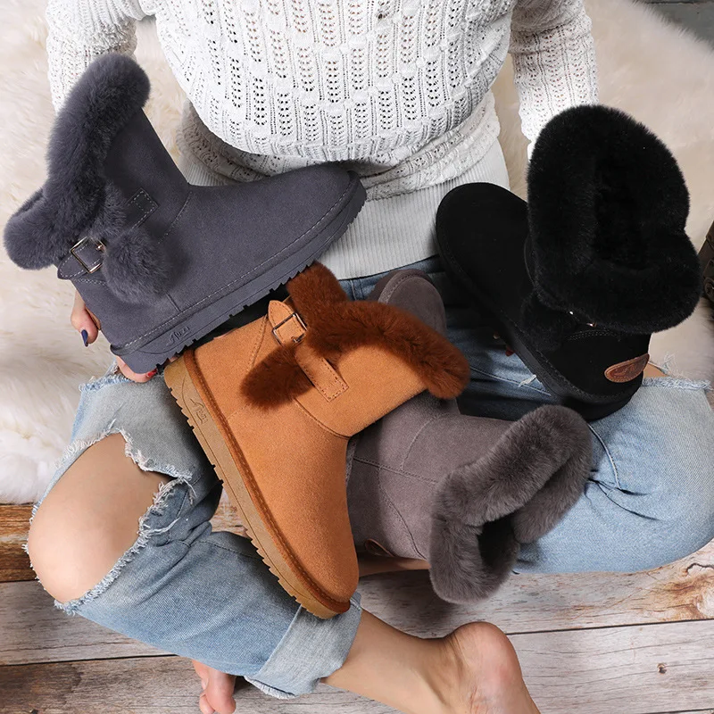 Cena Klasyczna prawdziwa skóra bydlęca skórzane buty śniegowe 100% wełna kobiety buty sierść królika klamra ciepłe zimowe buty dla kobiet duże rozmiary