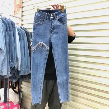 

Heavy Industry Diamond Tassel High Waist Jeans Women 2020 Spring New Style Light Blue Slim Stretch Leggings Fashion Jeans Woman