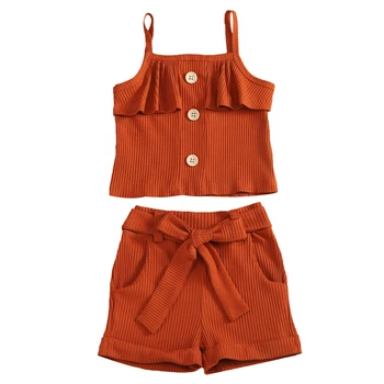 

Newborn Toddler Kids Baby Girl Sling Tops Vest + Bowknot Shorts Pants Striped Solid Color Outfits Set Summer Clothes 1-5Y