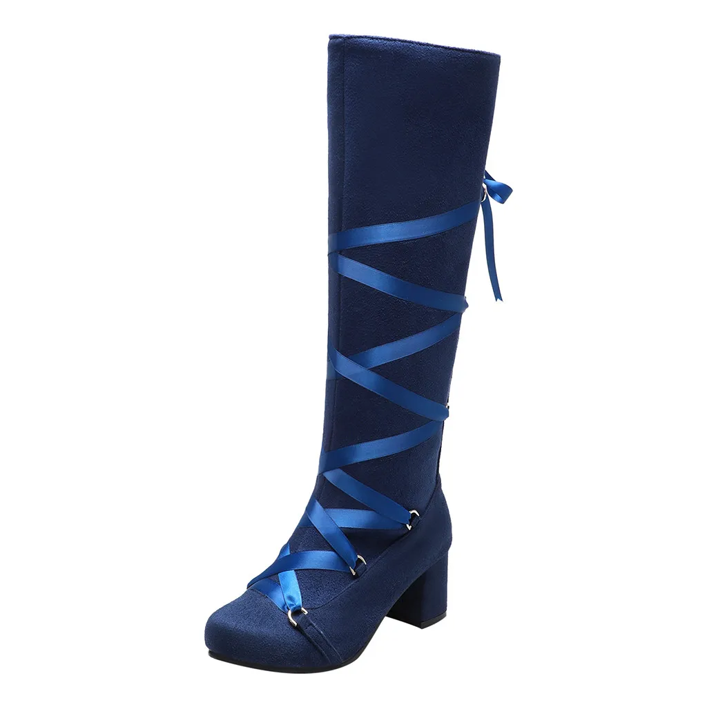 Синий Ladies cross straps knight boots high heel suede temperament handsome European and American style large size high boots - Цвет: Синий