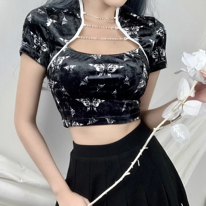 Black Dark Goth Woman Chinese Style T-shirts 2020 Lady Velvet Chains Hollow Out Butterfly Short Sexy Tshirt Gothic Chic Punk Top