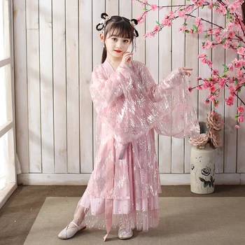 

Oriental Costumes Girls Pink Jacket Hanfu Dress Children Traditional Chinese Folk Dance Clothes Tang Dynasty Stage Wear DN5398