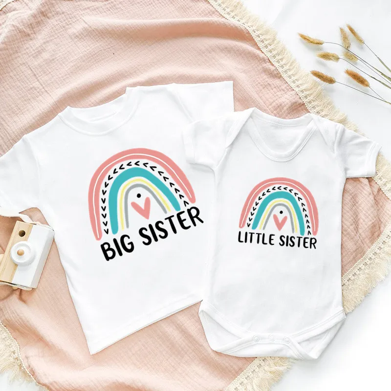 

Big Sister little Sister Sibling Family Matching Outfits Cute Rainbow Kids T Shirt Baby Bodysuit Jumpsuit Funny Girls Clothes