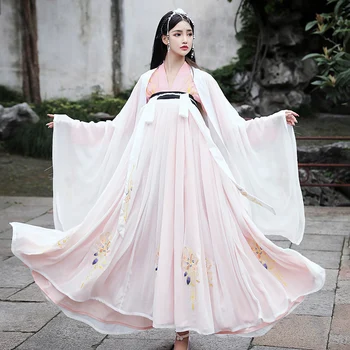

Fresh Elegant Hanfu Chinese Folk Dance Costume Women Daily Improve Hanfu Dress Ancient Fairy Costume Carnival Tang Suit DL5351