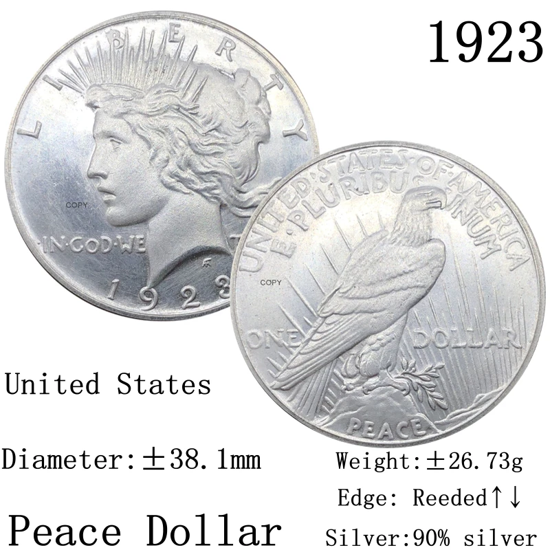 United States Of America 1923 USA Peace 1 One Dollar Liberty 90% Silver In God We Copy Coin Collection Commemorative Coins | Дом и сад