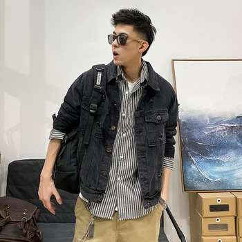 

Men's jacket spring 2020 pure color denim jacket with all kinds of holes loose casual fashion personalized youth men's wear