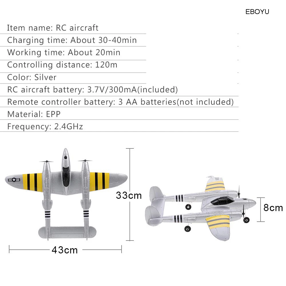 EBOYU FX-816 P38 радиоуправляемый самолет 2,4 GHz 2CH радиоуправляемый самолет летные игрушки для детей мальчиков