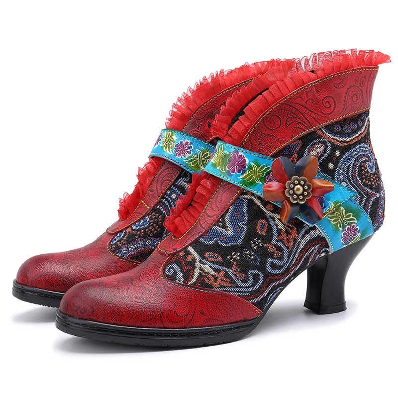 

SONDR platform red ankle boots for women spring autumn fashion genuine leather big size shoes woman lace elegant ethnic botines