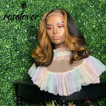 

Roselover Ombre Natural Black Honey Blonde Highlight Wig 4*4 Lace Closure Human Hair Wigs Body Wave Wig Remy Closure Wig