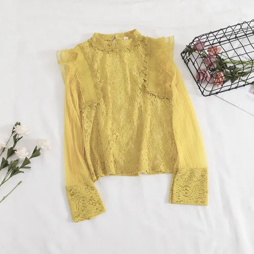 yellow Осень, Женская открытая кружевная рубашка, Новое поступление, женский короткий пуловер в стиле ретро, блузка, рубашки, милые костюмы из вуали - Цвет: yellow