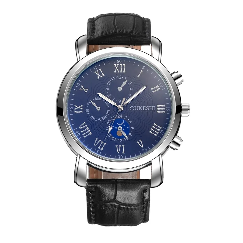 

Oukeshi Fashion Simple Blueray Three-Eyed Rome Measuring Leather Belt MEN'S Quartz Watch Waterproof MEN'S Watch Currently Availa