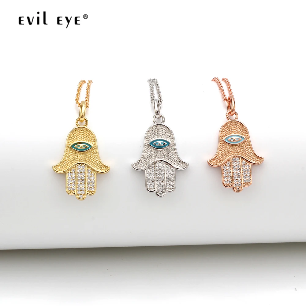 

EVIL EYE Hamsa Hand Pendant Necklace Rose Gold Silver Color Chain Micro Pave Zircon Necklace Jewelry for Women Female EY6409