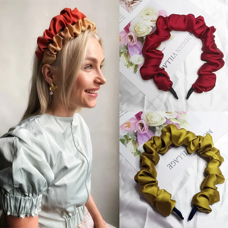 

2021 New Fashion Hairband Plain Color Fabric Satin Silk Oversize Large Pleated Headband for Women Hair Accessories