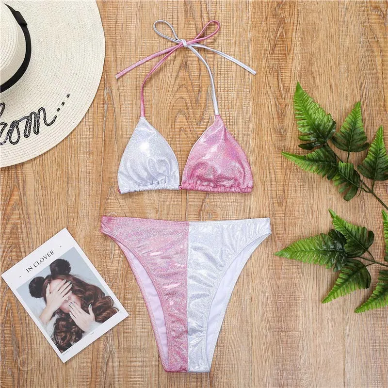 Pink Блестящее розовое бикини, летний женский купальник, комплект бикини из двух предметов, соблазнительный купальник с бретельками, бандажный купальник с высокой талией плавательный купальный костюм для женщин - Цвет: Pink