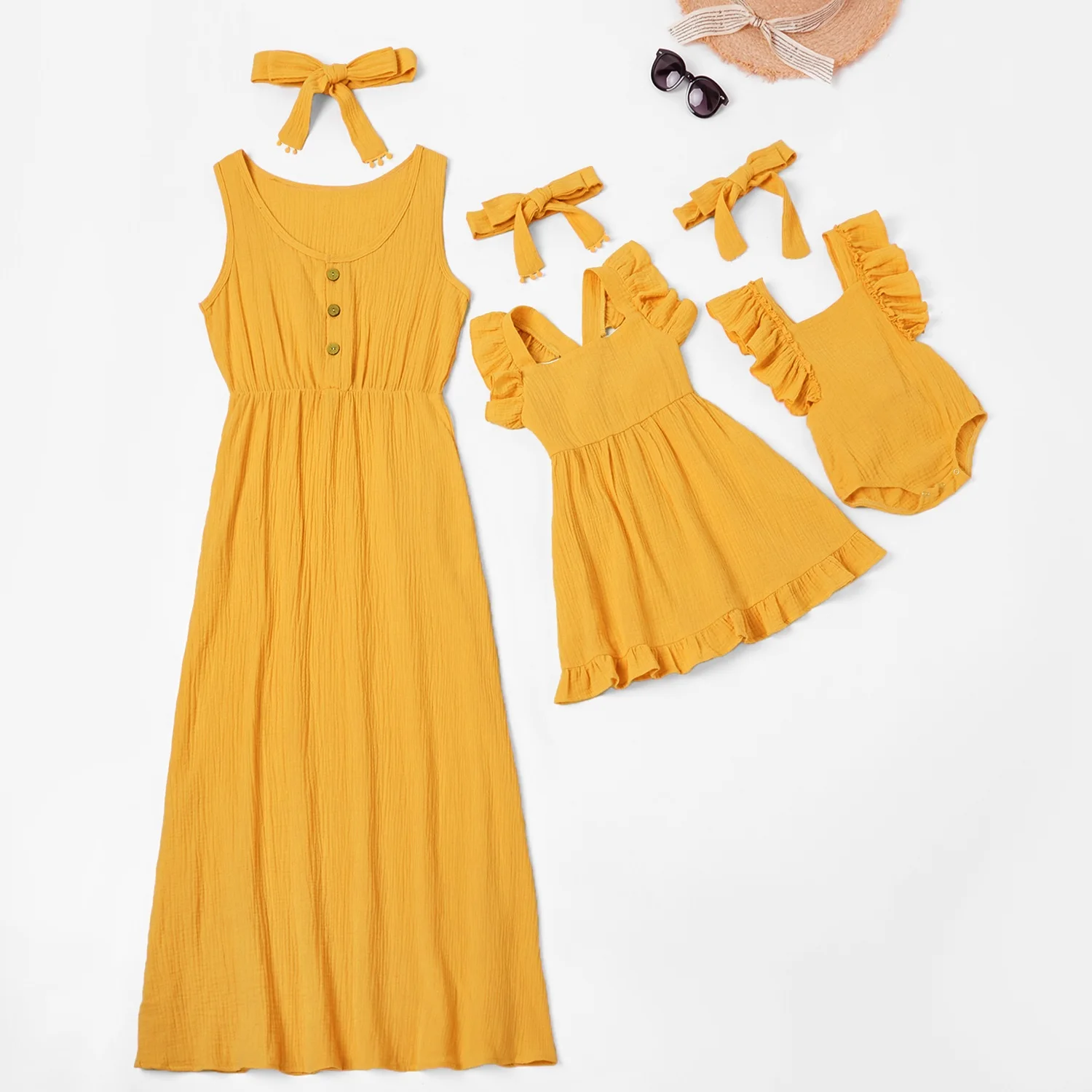 Платье на бретелях для всей семьи; одинаковые платья для мамы и дочки; одежда для мамы и дочки; платье для мамы и ребенка; повязка на голову - Цвет: AI-Yellow