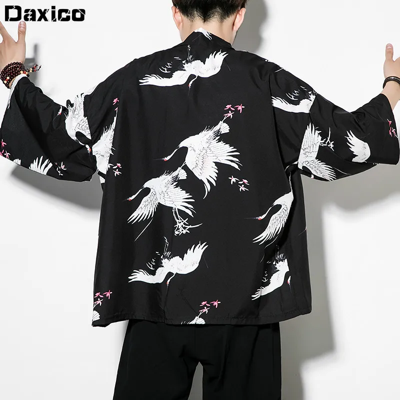 

2020 New Arrival Crane Kimono Cardigan Man Samurai Costume Clothing Kimono Jacket Male Shirt Oriental Yukata Haori