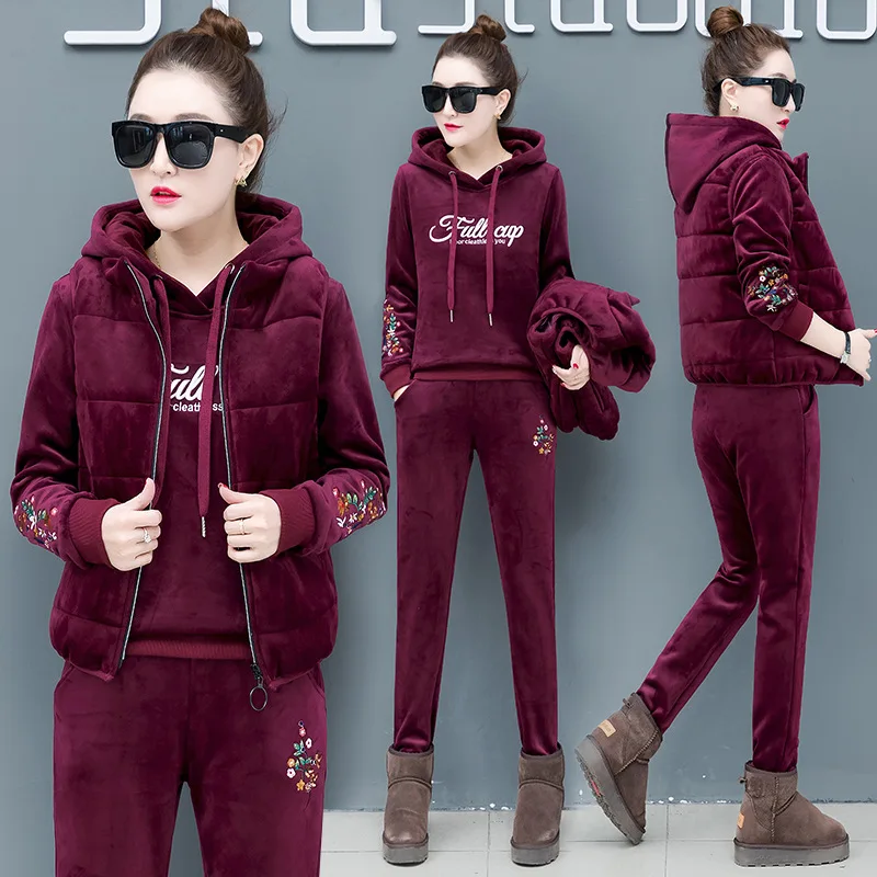 

Gold Velvet Hoodie WOMEN'S Suit Winter Brushed And Thick 2019 New Style Winter Fashion & Sports Casual Three-piece Set
