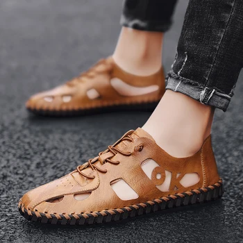 

Summer Male Outdoor Men Comfortable Casual Shoes Leather Men fashion handmade sewing Breathable Beach Shoes men Sandals