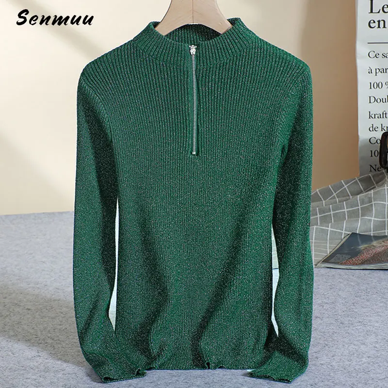 Ribbed Zip Front Mock Neck Sweater for Women Bandage Slim Pullovers Solid Color Long Sleeve Female Jumper Top Autumn Newest 2019 | Женская