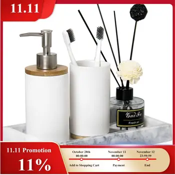 

Creative Multi-function Matte Ceramic Bathroom Tumblers Teeth Brushing Cups Bamboo Base Washing Set Liquid Emulsion Container