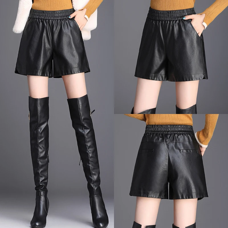 Winter Fall Fashion Women Elastic High Waisted Wide Leg Pu Leather Shorts,autumn Casual Female Womens 4xl Black Shorts