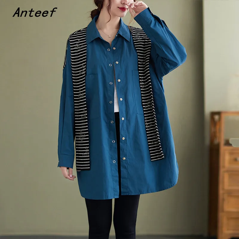 

Anteef long sleeve cotton shirts for vintage blouse Casual loose spring autumnn tops women 2021 blouses button up shirt clothing