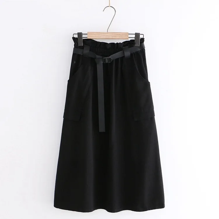 

Early Autumn New Style Retro Explicit Tall Belt Large Pocket A- line Bib Skirt Students Solid Color Skirt S28480