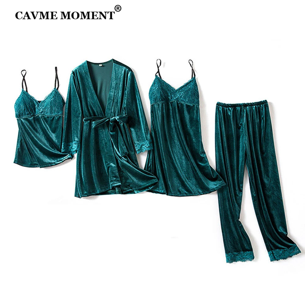 

CAVME Velour Pajama Sets Women Winter Sleepwear Sexy Lace 4 Pieces Solid Color Bride Custom Letters Pajama 75KG