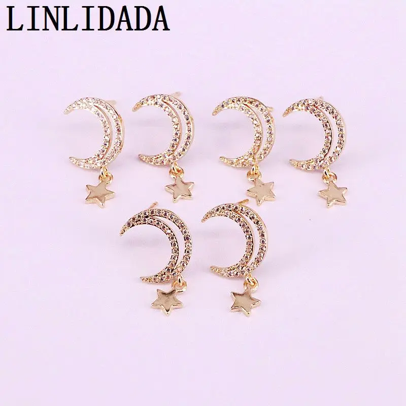 10 пар новых! Серьги-гвоздики в форме Луны из циркония, прозрачные cz вымощенные крошечные серьги для девочек/женщин золотого цвета