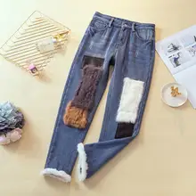 Женские джинсы, модные, с высокой талией, бархатная меховая нашивка, Джинсовые штаны с девять точек,, Осень-зима, прямые джинсовые штаны, r1883