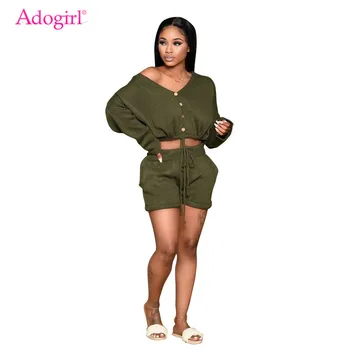 

Adogirl 2020 Autumn Sweater Two Piece Set for Women Buttons V Neck Off Shoulder Long Sleeve Drawstring Crop Top Shorts Suit