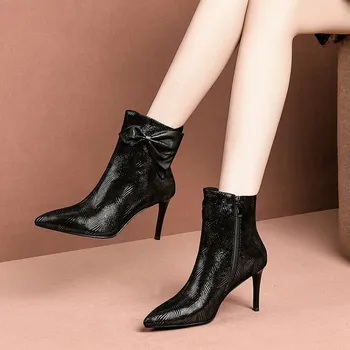 

MLJUESE 2020 women ankle boots sheepskin winter short plush zippers bow-tied pointed toe thin heel high heels female boots