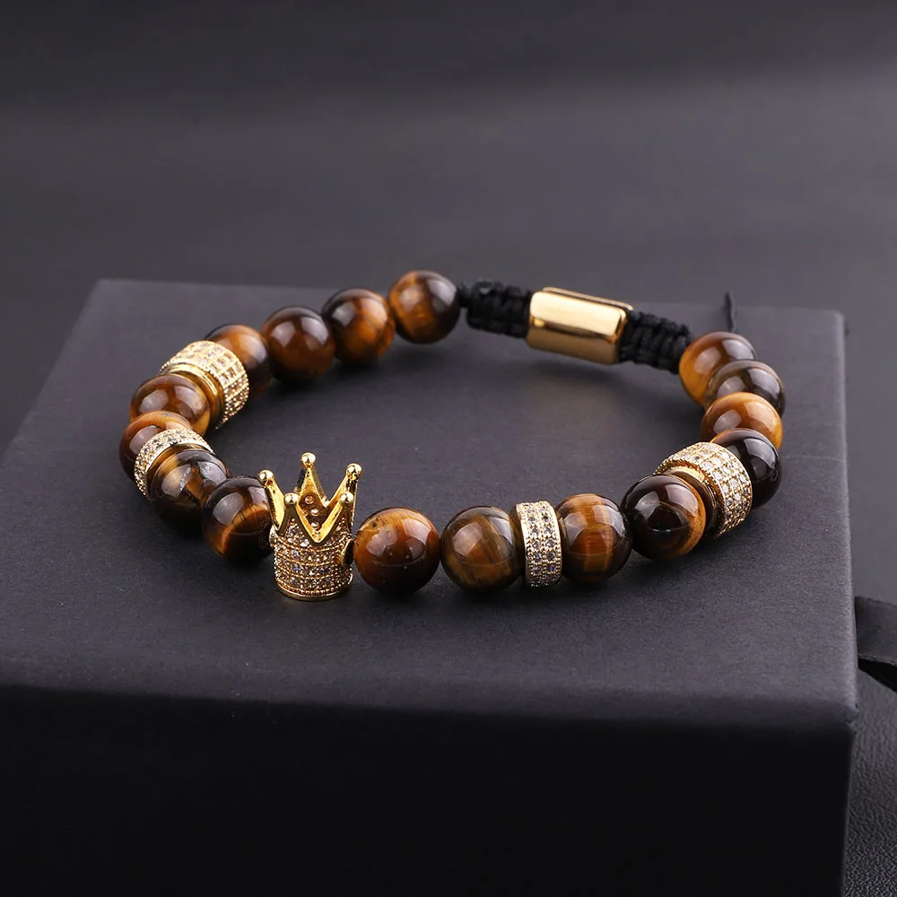 New Design Men Women Bracelet Natural Tiger Eye Howlite CZ Micro Pave Crown Friendship Macrame Adjustable Bacelet Men - Image 4