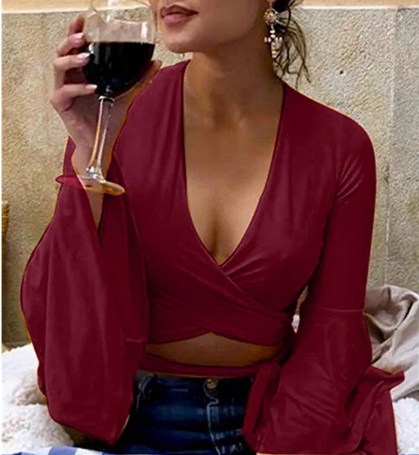Women T-shirt New Arrivals Deep V-neck Long Flare Sleeve Office Lady Womens Summer Bandage Tshirts Tees Sexy Shirts