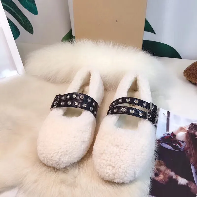 

Woman Ballerinas Fur Ballet Flats Flat Winter Shoes Slip On Sheepskin Wool Plush Fluffy Fuzzy Furry Warm Casual Shallow Mouth