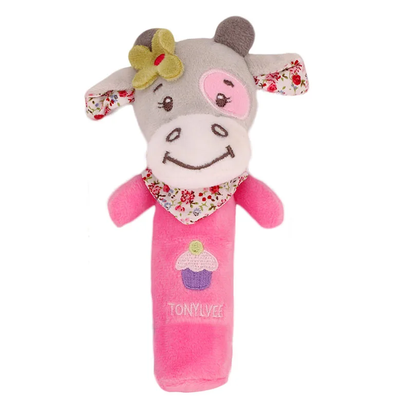 Детские игрушки-погремушки для детей от 0 до 12 месяцев, милые животные, звенящие в руку, Детские Плюшевые Интерактивные игрушки, успокаивающие, держа в руке палку - Цвет: Pink Cattle