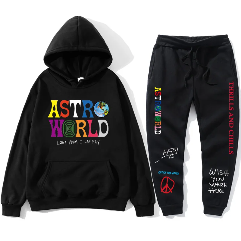 ropa hombre Sudaderas con capucha de TRAVIS SCOTT ASTROWORLD sudadera con letras estampadas + pantalón de chándal ropa de calle jersey para hombre Sudadera con capucha Pantalones deportivos