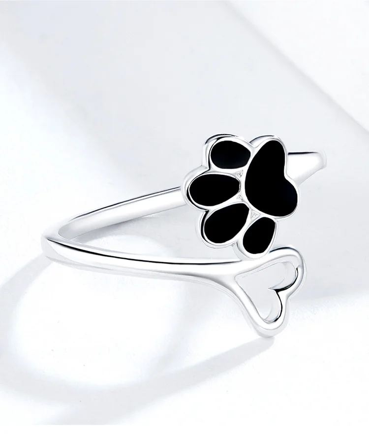 Dog Paw Heart Adjustable Finger Ring Sterling Silver