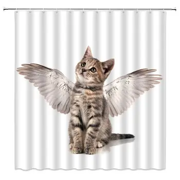 

Cute Cat Shower Curtain Funny Kitty with Wings Kitten Animal Creative White Tan Bathroom Curtains Decor Polyester Fabric Quick